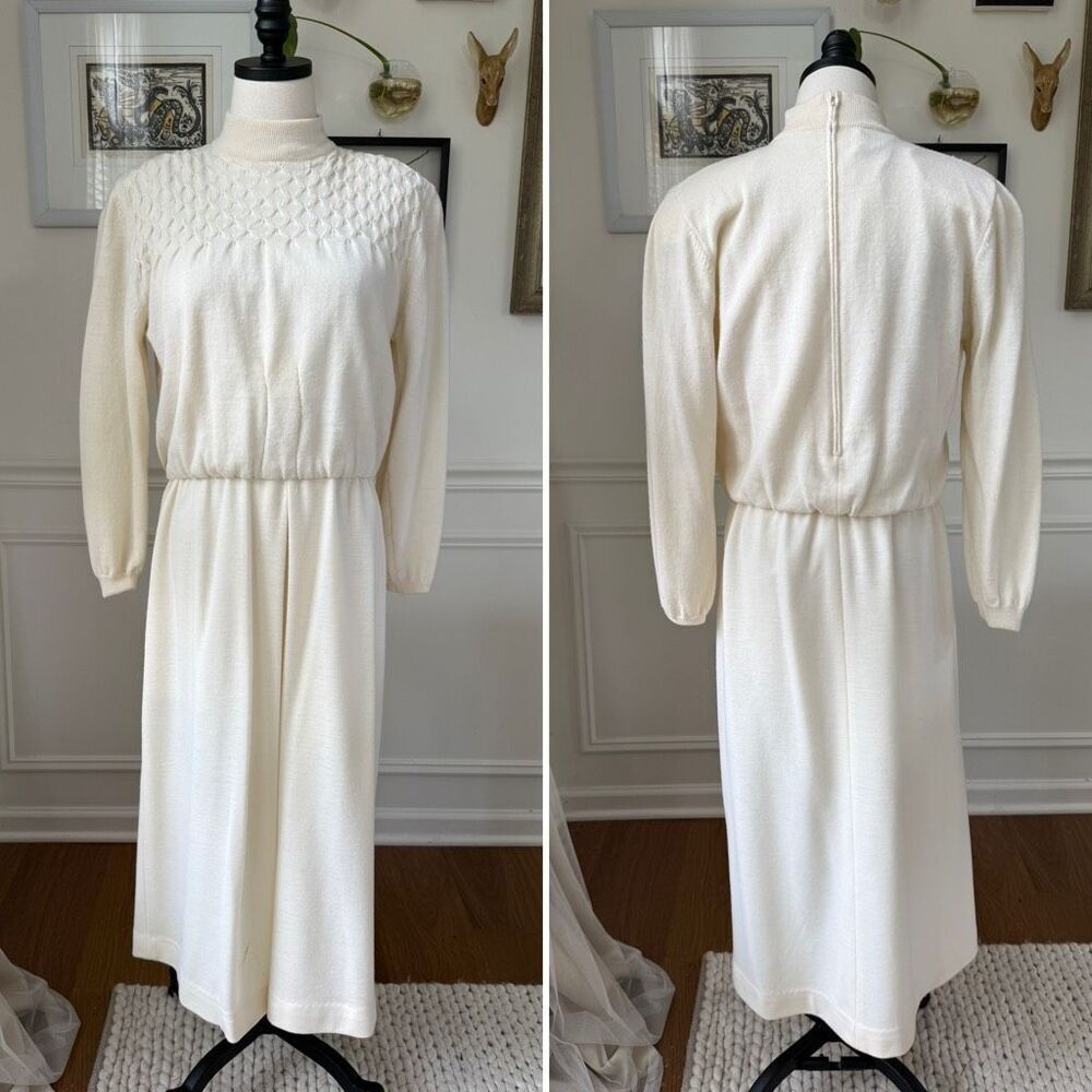 Vintage 80s Ciao Petites 100% Wool Knit Ivory Blouson Dress M